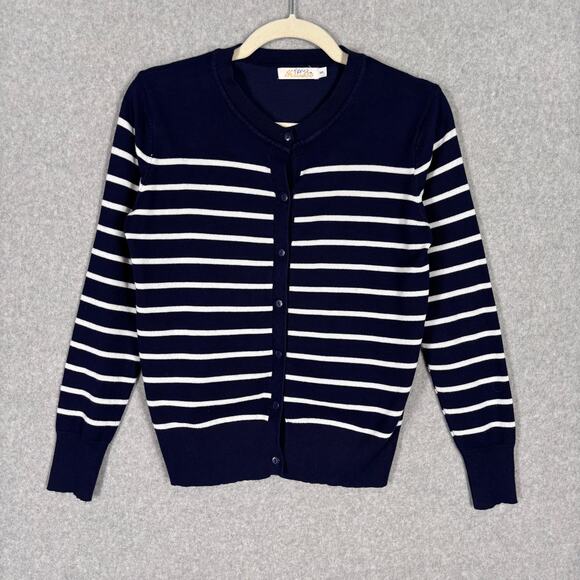 Cardigan Sweater Small Navy Striped Button Thin Sailor Basic Capsule Church - Picture 1 of 9